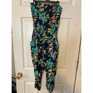 Mudd Womens Small Strapless Tropical Floral Jumpsuit Navy Blue Teal Pocketed S